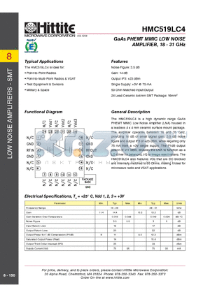 HMC519LC4 datasheet - GaAs PHEMT MMIC LOW NOISE AMPLIFIER, 18 - 31 GHz