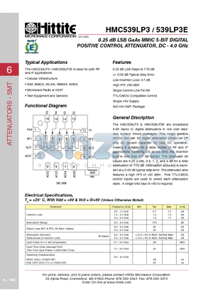 HMC539LP3E datasheet - 0.25 dB LSB GaAs MMIC 5-BIT DIGITAL POSITIVE CONTROL ATTENUATOR, DC - 4.0 GHz