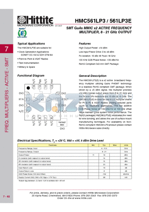 HMC561LP3 datasheet - SMT GaAs MMIC x2 ACTIVE FREQUENCY MULTIPLIER, 8 - 21 GHz OUTPUT