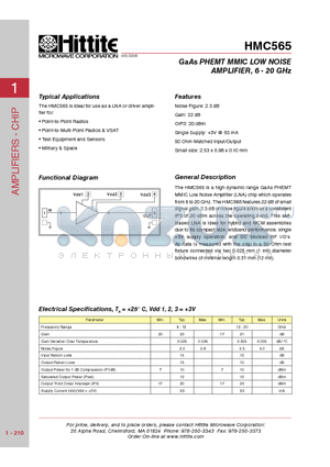 HMC565 datasheet - GaAs PHEMT MMIC LOW NOISE AMPLIFIER, 6 - 20 GHz