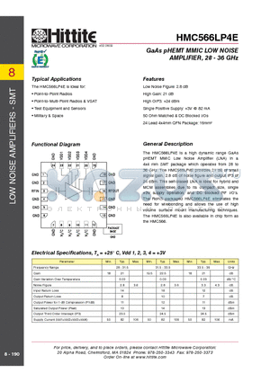 HMC566LP4_09 datasheet - GaAs pHEMT MMIC LOW NOISE AMPLIFIER, 28 - 36 GHz