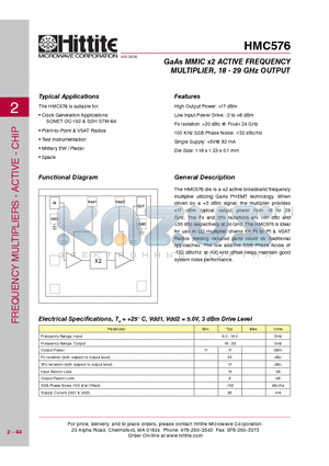 HMC576 datasheet - GaAs MMIC x2 ACTIVE FREQUENCY MULTIPLIER, 18 - 29 GHz OUTPUT