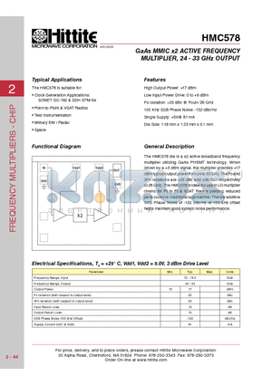 HMC578 datasheet - GaAs MMIC x2 ACTIVE FREQUENCY MULTIPLIER, 24 - 33 GHz OUTPUT