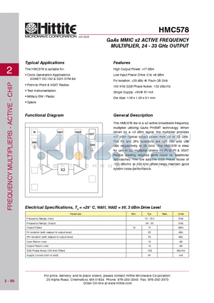 HMC578 datasheet - GaAs MMIC x2 ACTIVE FREQUENCY MULTIPLIER, 24 - 33 GHz OUTPUT