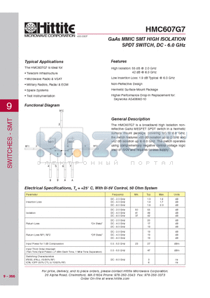 HMC607G7 datasheet - GaAs MMIC SMT HIGH ISOLATION SPDT SWITCH, DC - 6.0 GHz
