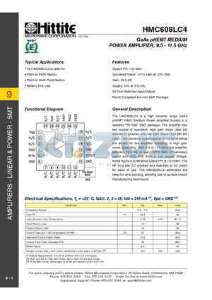 HMC608LC4 datasheet - GaAs pHEMT MEDIUM POWER AMPLIFIER, 9.5 - 11.5 GHz