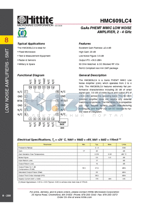 HMC609LC4 datasheet - GaAs PHEMT MMIC LOW NOISE AMPLIFIER, 2 - 4 GHz