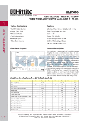 HMC606 datasheet - GaAs InGaP HBT MMIC ULTRA LOW PHASE NOISE, DISTRIBUTED AMPLIFIER, 2 - 18 GHz