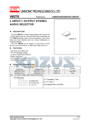 UM2752L-P14-R datasheet - 2 INPUT/1 OUTPUT STEREO AUDIO SELECTOR