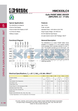 HMC633LC4 datasheet - GaAs PHEMT MMIC DRIVER AMPLIFIER, 5.5 - 17 GHz