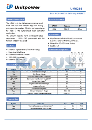 UM6214 datasheet - Dual N-Ch 60V Fast Switching MOSFETs