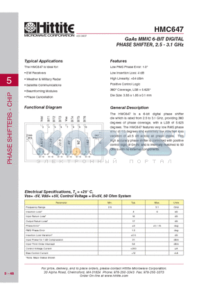 HMC647 datasheet - GaAs MMIC 6-BIT DIGITAL PHASE SHIFTER, 2.5 - 3.1 GHz