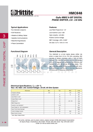 HMC648 datasheet - GaAs MMIC 6-BIT DIGITAL PHASE SHIFTER, 2.9 - 3.9 GHz