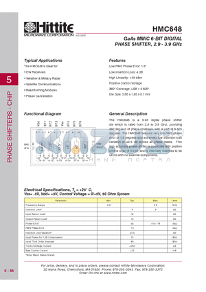 HMC648 datasheet - GaAs MMIC 6-BIT DIGITAL PHASE SHIFTER, 2.9 - 3.9 GHz