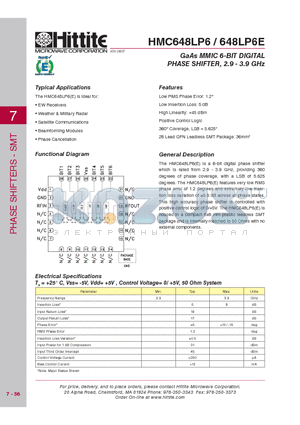 HMC648LP6 datasheet - GaAs MMIC 6-BIT DIGITAL PHASE SHIFTER, 2.9 - 3.9 GHz