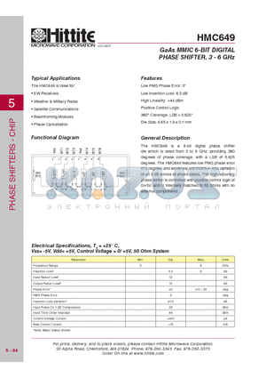 HMC649 datasheet - GaAs MMIC 6-BIT DIGITAL PHASE SHIFTER, 3 - 6 GHz