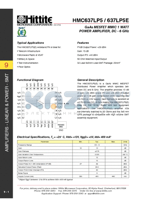 HMC637LP5 datasheet - GaAs MESFET MMIC 1 WATT POWER AMPLIFIER, DC - 6 GHz