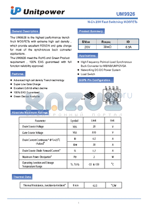 UM9926 datasheet - N-Ch 20V Fast Switching MOSFETs
