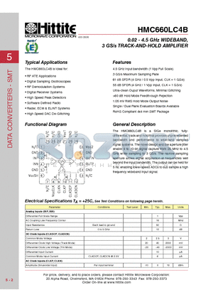 HMC660LC4B datasheet - 0.02 - 4.5 GHz WIDEBAND, 3 GS/s TRACK-AND-HOLD AMPLIFIER