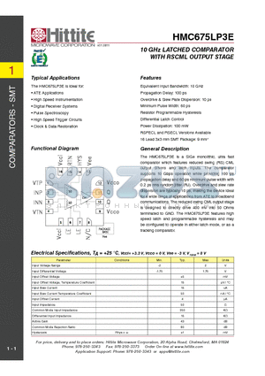 HMC675LP3E datasheet - 10 GHz LATCHED COMPARATOR WITH RSCML OUTPUT STAGE