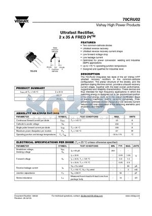 70CRU02 datasheet - Ultrafast Rectifier, 2 x 35 A FRED PtTM