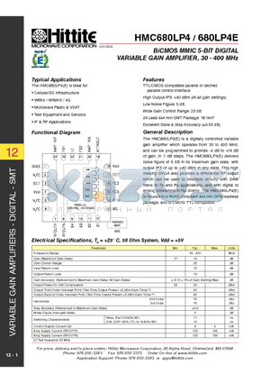 HMC680LP4E datasheet - BiCMOS MMIC 5-BIT DIGITAL VARIABLE GAIN AMPLIFIER, 30 - 400 MHz