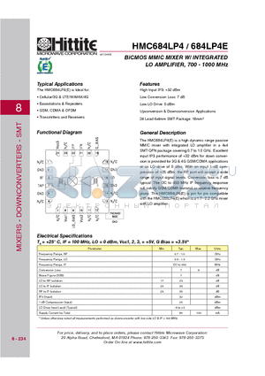 HMC684LP4 datasheet - BiCMOS MMIC MIXER W/ INTEGRATED BiCMOS MMIC MIXER W/ INTEGRATED