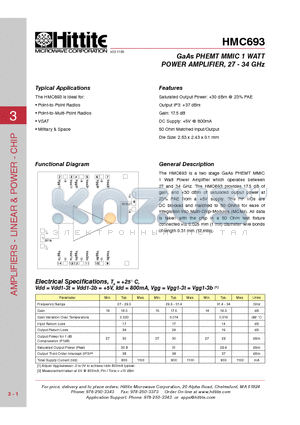 HMC693 datasheet - GaAs PHEMT MMIC 1 WATT POWER AMPLIFIER, 27 - 34 GHz