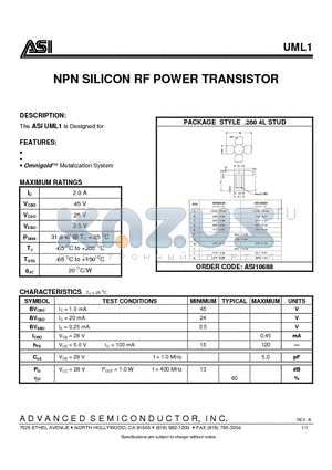 UML1 datasheet - NPN SILICON RF POWER TRANSISTOR