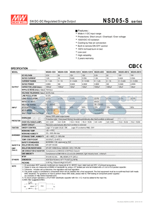 NSD05-S datasheet - 5W DC-DC Regulated Single Output