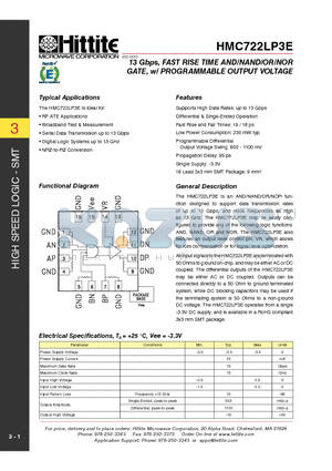 HMC722LP3E datasheet - 13 Gbps, FAST RISE TIME AND/NAND/OR/NOR GATE, w/ PROGRAMMABLE OUTPUT VOLTAGE