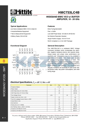 HMC733LC4B datasheet - WIDEBAND MMIC VCO w/ BUFFER AMPLIFIER, 10 - 20 GHz