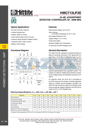 HMC713LP3E datasheet - 54 dB, LOGARITHMIC DETECTOR / CONTROLLER, 50 - 8000 MHz