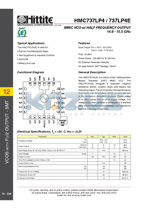 HMC737LP4E datasheet - MMIC VCO w/ HALF FREQUENCY OUTPUT 14.9 - 15.5 GHz