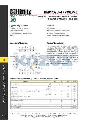 HMC739LP4E datasheet - MMIC VCO w/ HALF FREQUENCY OUTPUT & DIVIDE-BY-16, 23.8 - 26.8 GHz