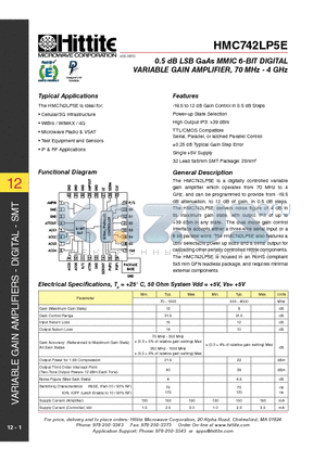 HMC742LP5E_10 datasheet - 0.5 dB LSB GaAs MMIC 6-BIT DIGITAL VARIABLE GAIN AMPLIFIER, 70 MHz - 4 GHz