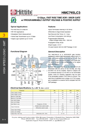 HMC745LC3_11 datasheet - 13 Gbps, FAST RISE TIME XOR / XNOR GATE w/ PROGRAMMABLE OUTPUT VOLTAGE & POSITIVE SUPPLY