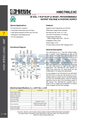 HMC749LC3C datasheet - 26 GHz, T FLIP-FLOP w/ RESET, PROGRAMMABLE OUTPUT VOLTAGE & POSITIVE SUPPLY