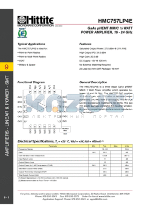 HMC757LP4E datasheet - GaAs pHEMT MMIC  WATT POWER AMPLIFIER, 16 - 24 GHz