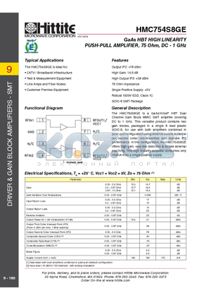 HMC754S8GE datasheet - GaAs HBT HIGH LINEARITY PUSH-PULL AMPLIFIER, 75 Ohm, DC - 1 GHz