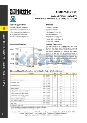 HMC754S8GE datasheet - GaAs HBT HIGH LINEARITY PUSH-PULL AMPLIFIER, 75 Ohm, DC - 1 GHz