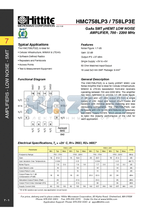 HMC758LP3 datasheet - GaAs SMT pHEMT LOW NOISE AMPLIFIER, 700 - 2200 MHz