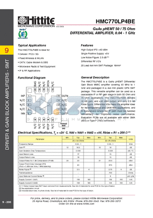 HMC770LP4BE datasheet - GaAs pHEMT 50 / 75 Ohm DIFFERENTIAL AMPLIFIER, 0.04 - 1 GHz