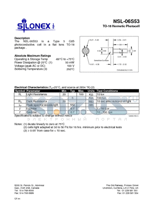 NSL-06S53 datasheet - TO-18 Hermetic Photocell