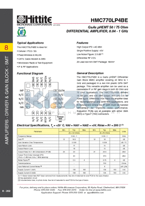 HMC770LP4BE_10 datasheet - GaAs pHEMT 50 / 75 Ohm DIFFERENTIAL AMPLIFIER, 0.04 - 1 GHz