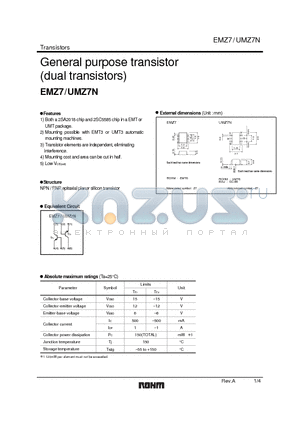 UMZ7N datasheet - General purpose transistor (dual transistors)