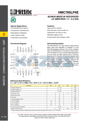 HMC785LP4E datasheet - BiCMOS MIXER W/ INTEGRATED LO AMPLIFIER, 1.7 - 2.2 GHz