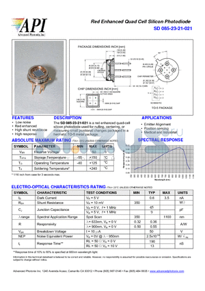 SD085-23-21-021 datasheet - Red Enhanced Quad Cell Silicon Photodiode