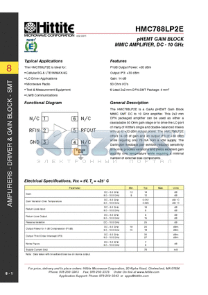 HMC788LP2E datasheet - pHEMT GAIN BLOCK MMIC AMPLIFIER, DC - 10 GHz