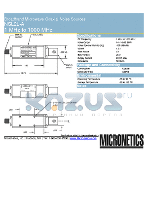 NSL2L-A datasheet - Broadband Microwave Coaxial Noise Sources 1 MHz to 1000 MHz
